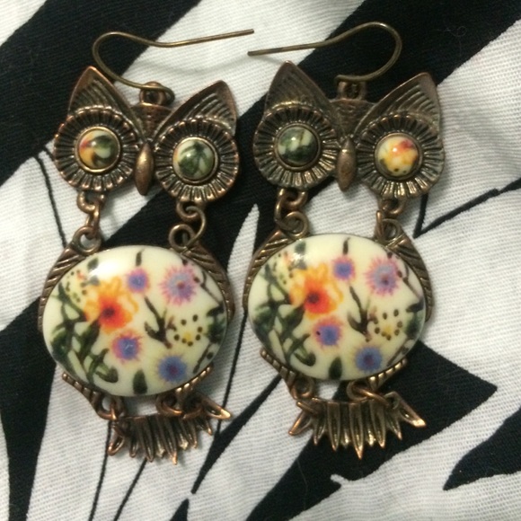 floral print owl earrings