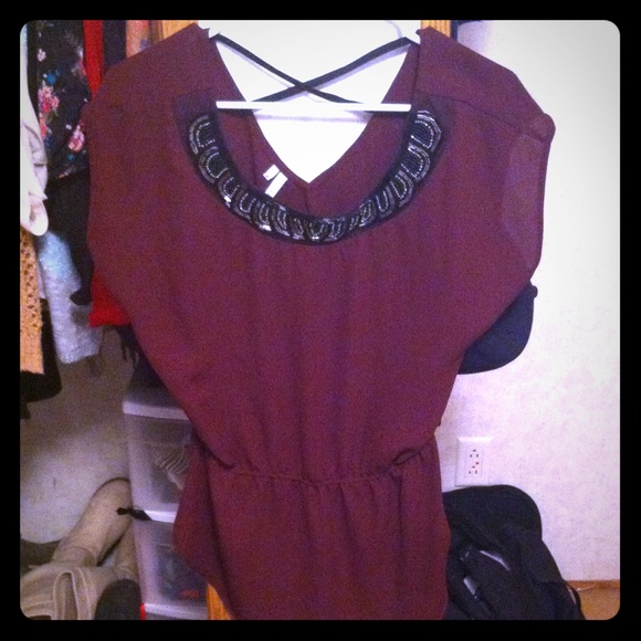 Maroon dress shirt with bedazzled neck line