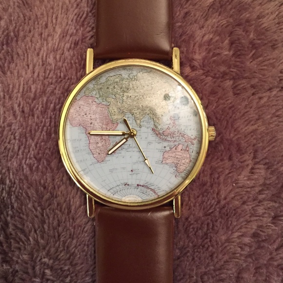 brown leather world map watch