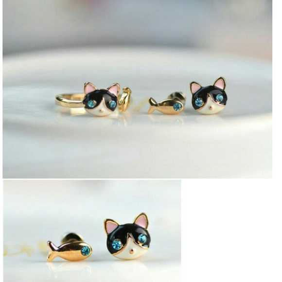 🎉REDUCED🎉Gold Cat and fish earrings and ring set