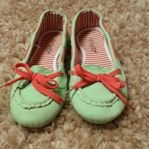 Light green boat flats with hot pink ties