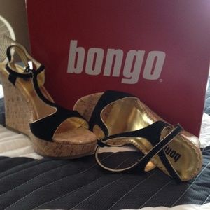 Black T-strap wedge sandals