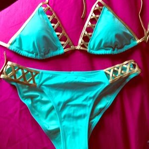 Aqua bikini set with gold trim
