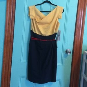Two-tone dress with a red accent belt