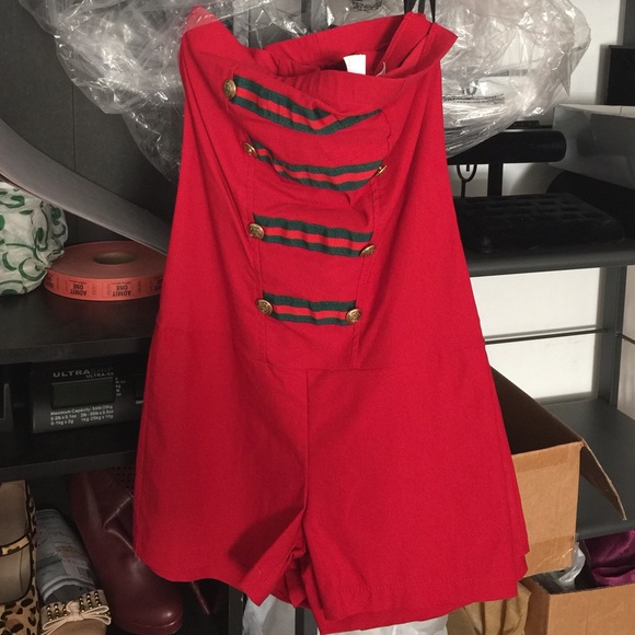 Red and green romper shorts.