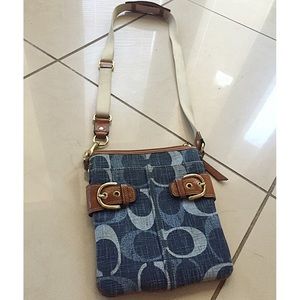 Denim Coach purse with brown leather