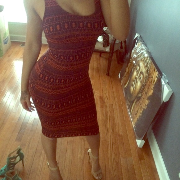 Navy Blue /Orange Calf Length Patterned Dress