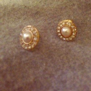 Pearl and Rhinestone Gold Post Earrings