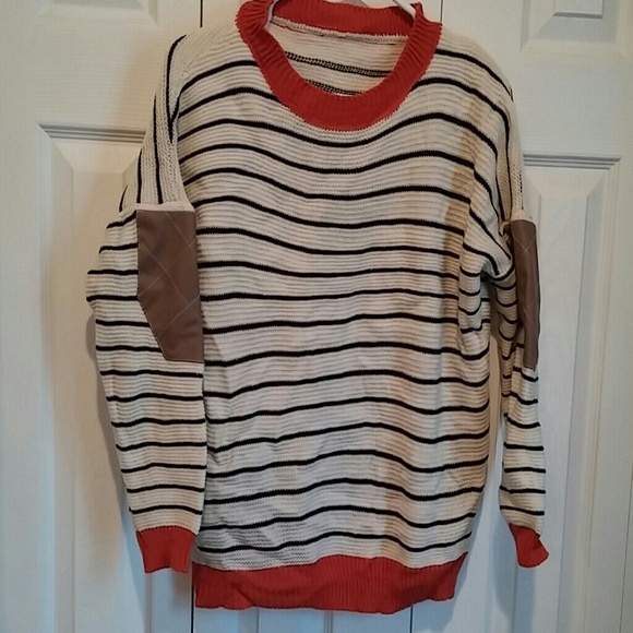 Striped sweater with faux leather detail on elbow
