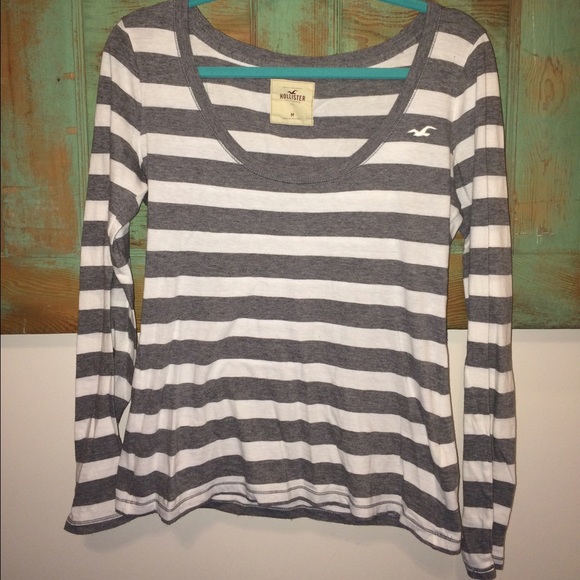 Hollister Grey & white striped long sleeve shirt