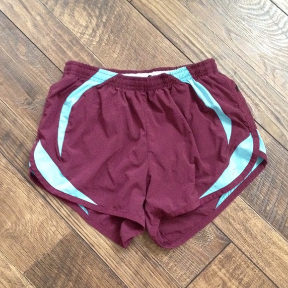 Brooks maroon and aqua lined running shorts S