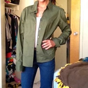 olive green military style button-up shirt