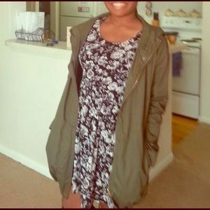 Thin, hooded, army fatigue jacket.