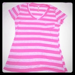 Pink and light grey stripped v neck pocket tee