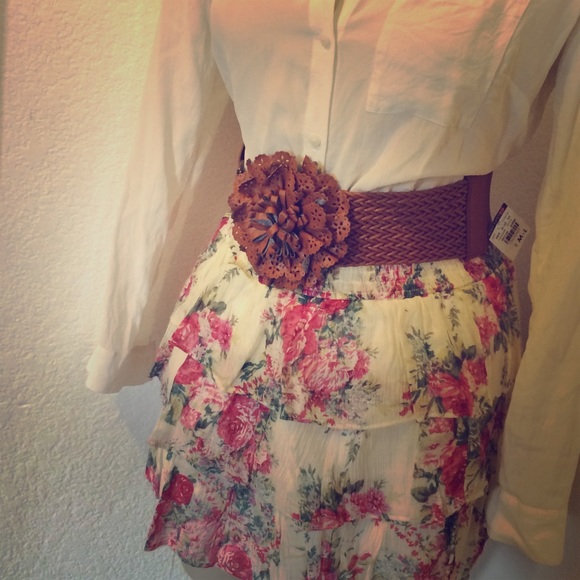 Cream Floral Ruffle Skirt