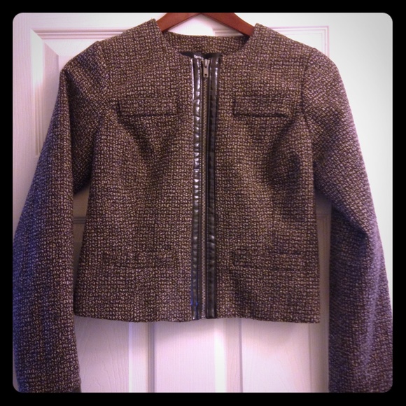 Cropped tweed lined blazer/jacket w/ faux leather