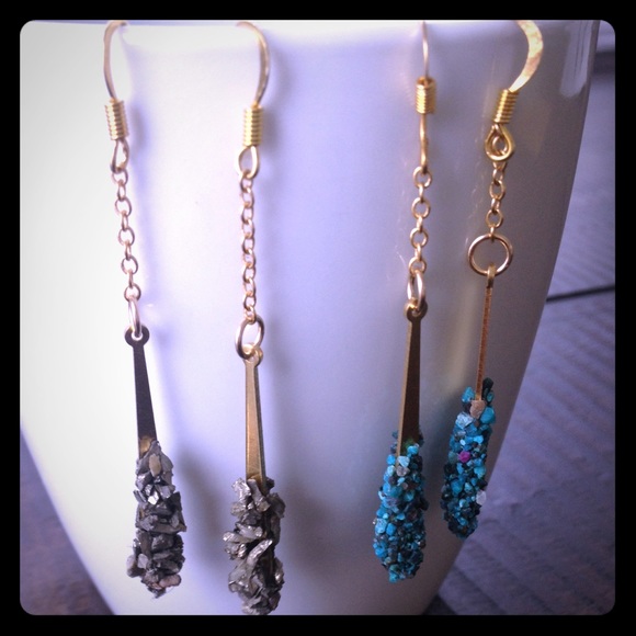 Pyrite or turquoise crusted gold earrings
