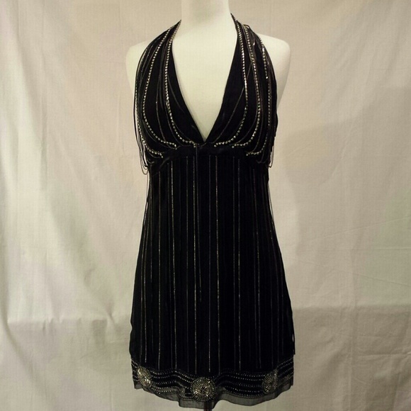 Bebe black fringe halter shift dress, beautiful! - Picture 1 of 3