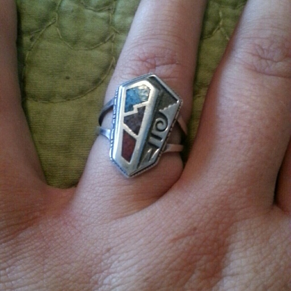 Vintage SS turquoise and coral ring sz7.5