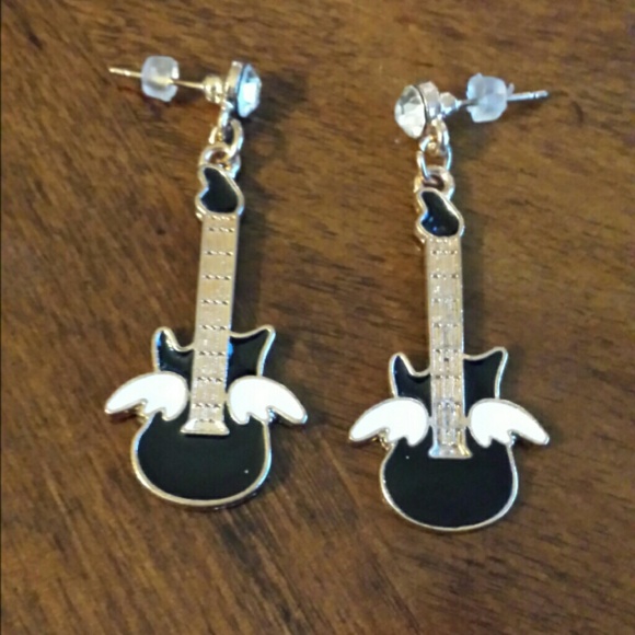 NEW Black Guitar Earrings with Wings ADORABLE!