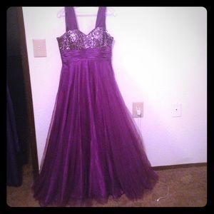 Purple sequined mesh prom dress