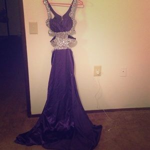 Purple open back prom gown