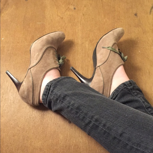 Suede heeled booties with patent trim