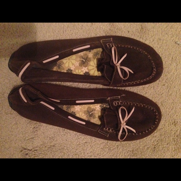 Brown suede/ pink moccasin shoes