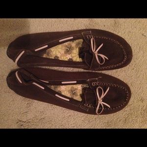 Brown suede/ pink moccasin shoes