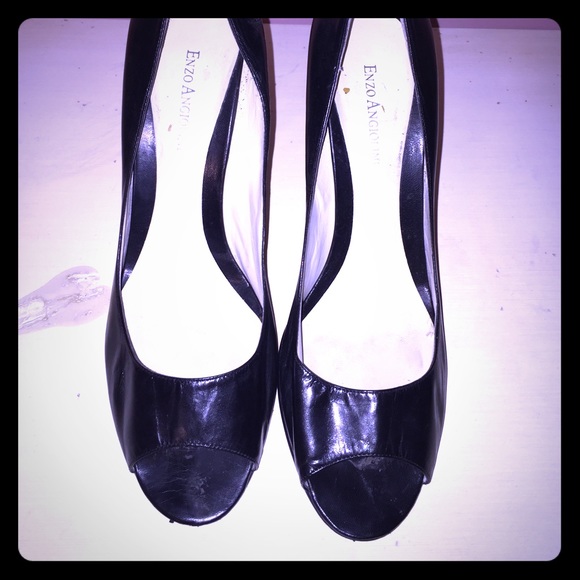Black open toe leather heels