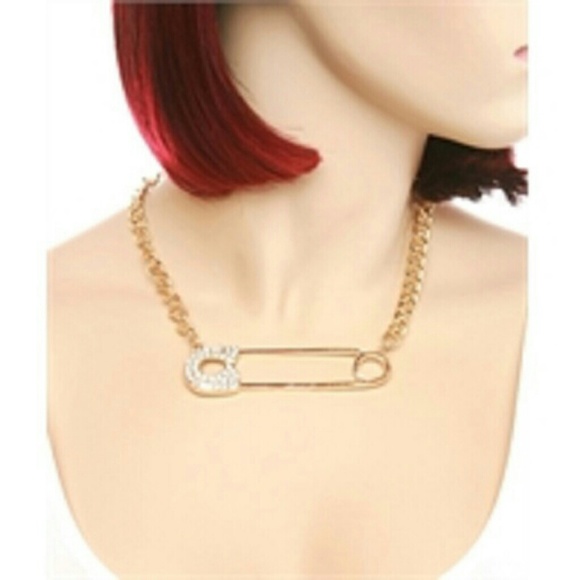 Safety Pin Chain Rhinestone Necklace - Picture 2 of 3
