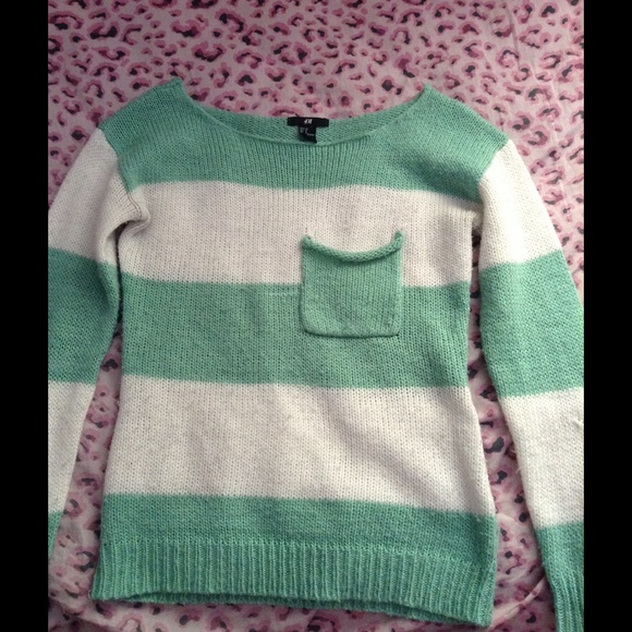 h&m mint and white striped sweater with pocket