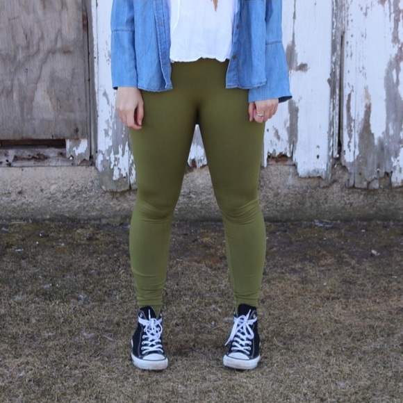Army Green Fleece-Lined Leggings - Picture 3 of 4