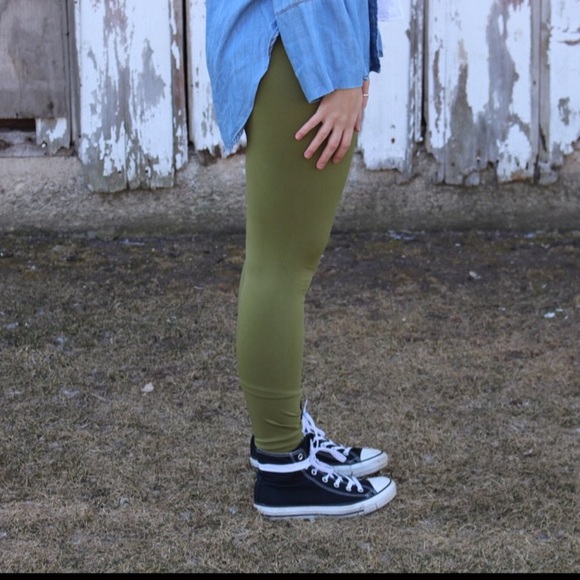 Army Green Fleece-Lined Leggings - Picture 4 of 4