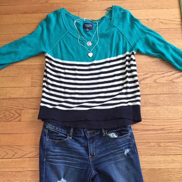 Green, white, navy striped sweater
