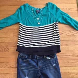 Green, white, navy striped sweater