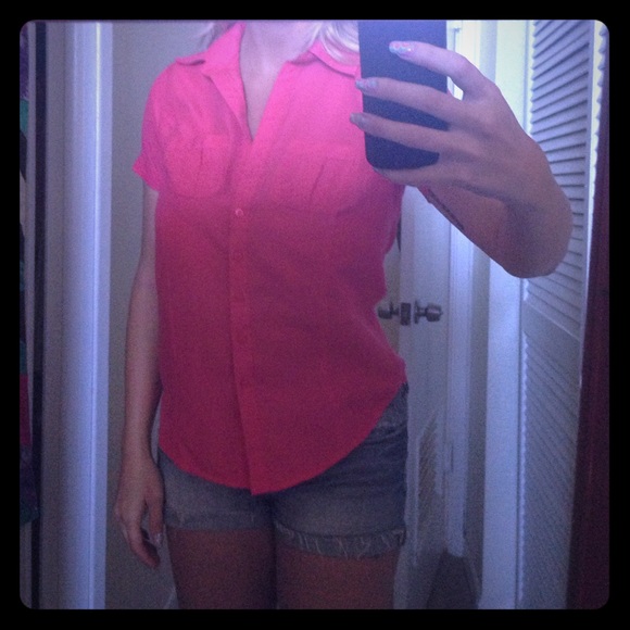 Rose pink collared button up shirt with pockets
