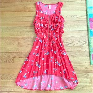 Red high-low dress with blue and white flowers