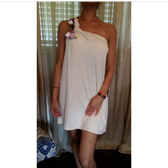 tan, one shoulder bcbg dress