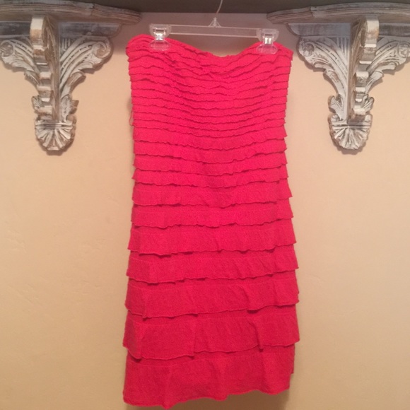 Small Express Coral Ruffle Strapless Dress
