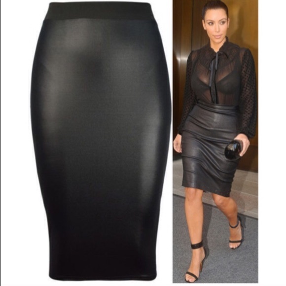 Wet Look Black Midi Skirt