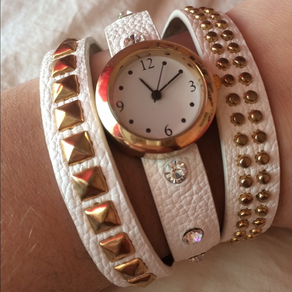 White Faux Leather Embellished Wrap Watch