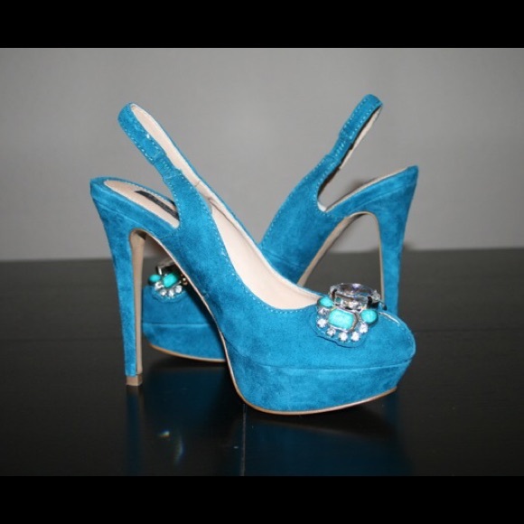 Zara Teal platform peep toe embellished heel