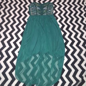 Green, high-low dress with stretchy, jeweled top