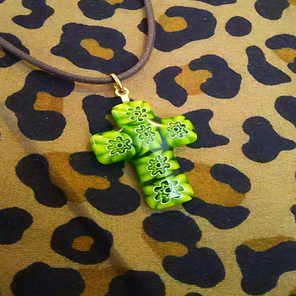 Green Murano Glass Cross Necklace - Picture 2 of 4