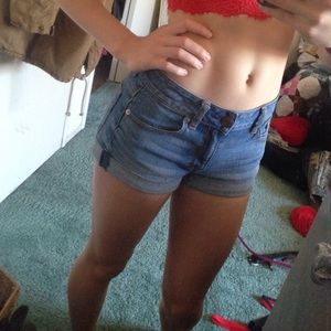 High rise, light wash denim shorts