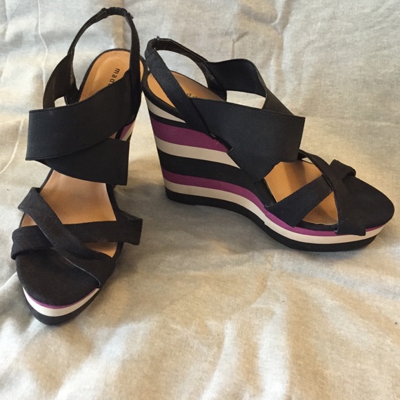 Madden Girl purple black cream foam strappy wedges