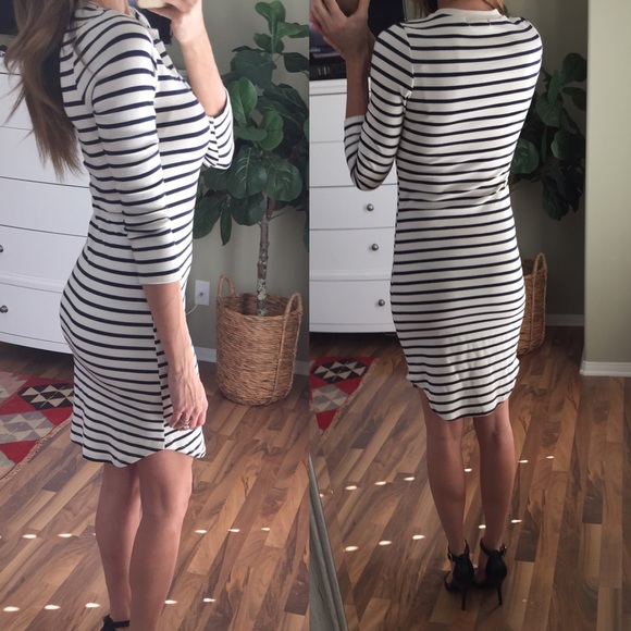 SOLD Navy Blue and Cream Striped Dress - Picture 3 of 4