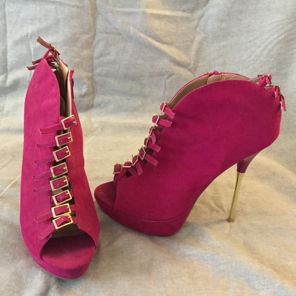 Magenta booties with open toe metallic gold heel