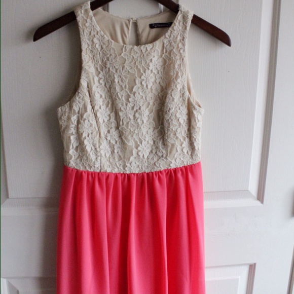 New Adorable Cream Lace and Coral Chiffon Dress